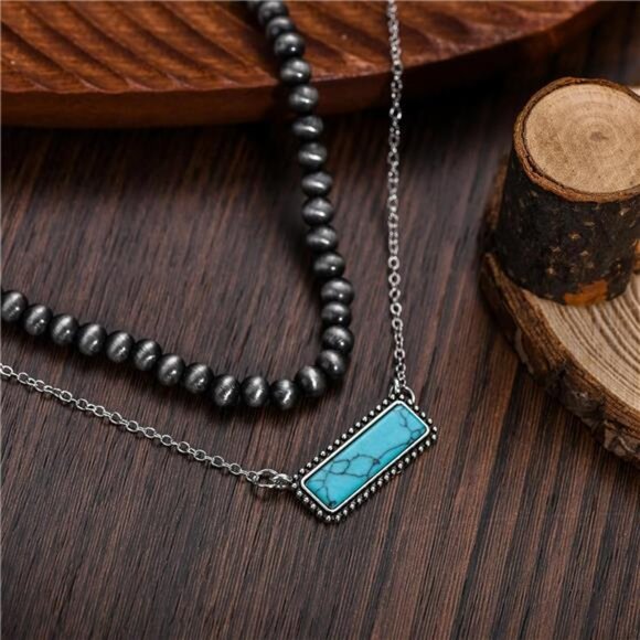 Navajo Pearl Necklace Turquoise Pendant Layered Choker Beaded Boho Western Jewel - Picture 2 of 5